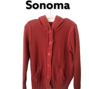 Sonoma Long Sleeve Button Up Hoodie Sweater Red M